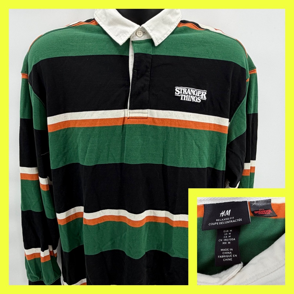 Stranger Things H&M Rugby Polo Shirt Mens Medium Green Orange Striped Netflix